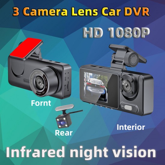 Dash Cam 1080P HD Triple-Lens Recording 3-Cam DVR Night Vision Wi-Fi  Car Camera with 32G Card