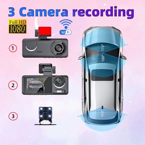 Dash Cam 1080P HD Triple-Lens Recording 3-Cam DVR Night Vision Wi-Fi  Car Camera with 32G Card